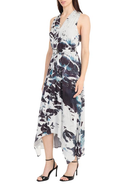 Maggy London Abstract Print Belted Handkerchief Hem Midi Dress