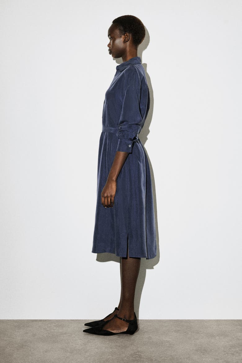 Gathered Washed-Silk Midi Shirt Dress, Alternate, color, NAVY