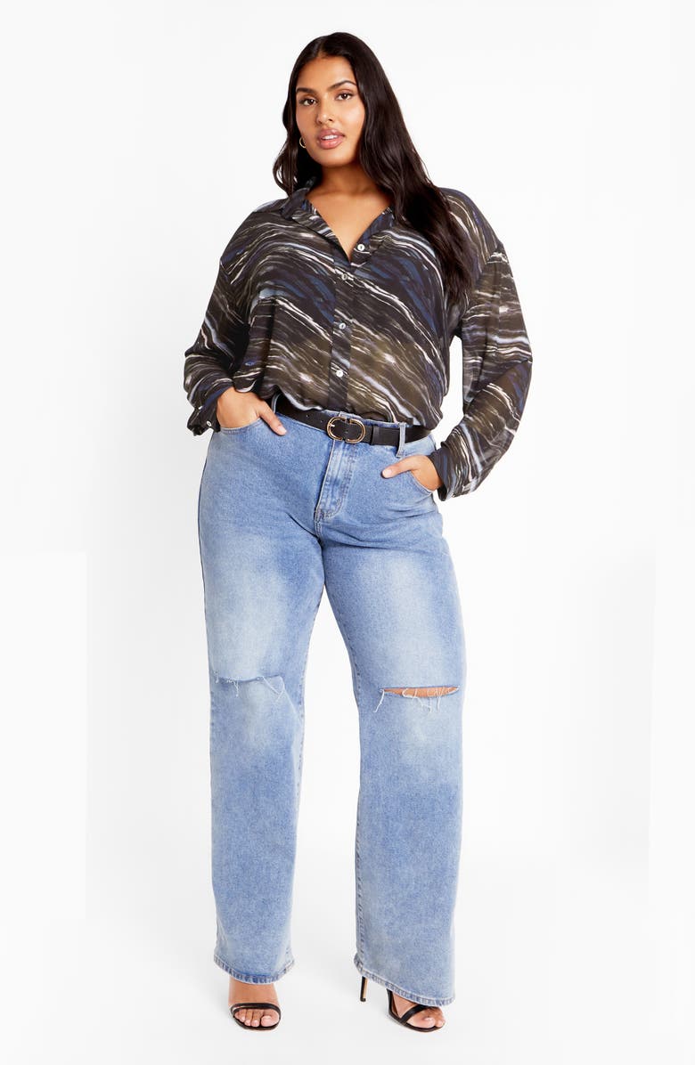 City Chic Sally Sheer Button-Up Shirt, Alternate, color, Marble