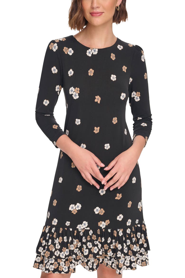 Floral Ruffle Hem Shift Dress, Alternate, color, BLACK/ CREAM