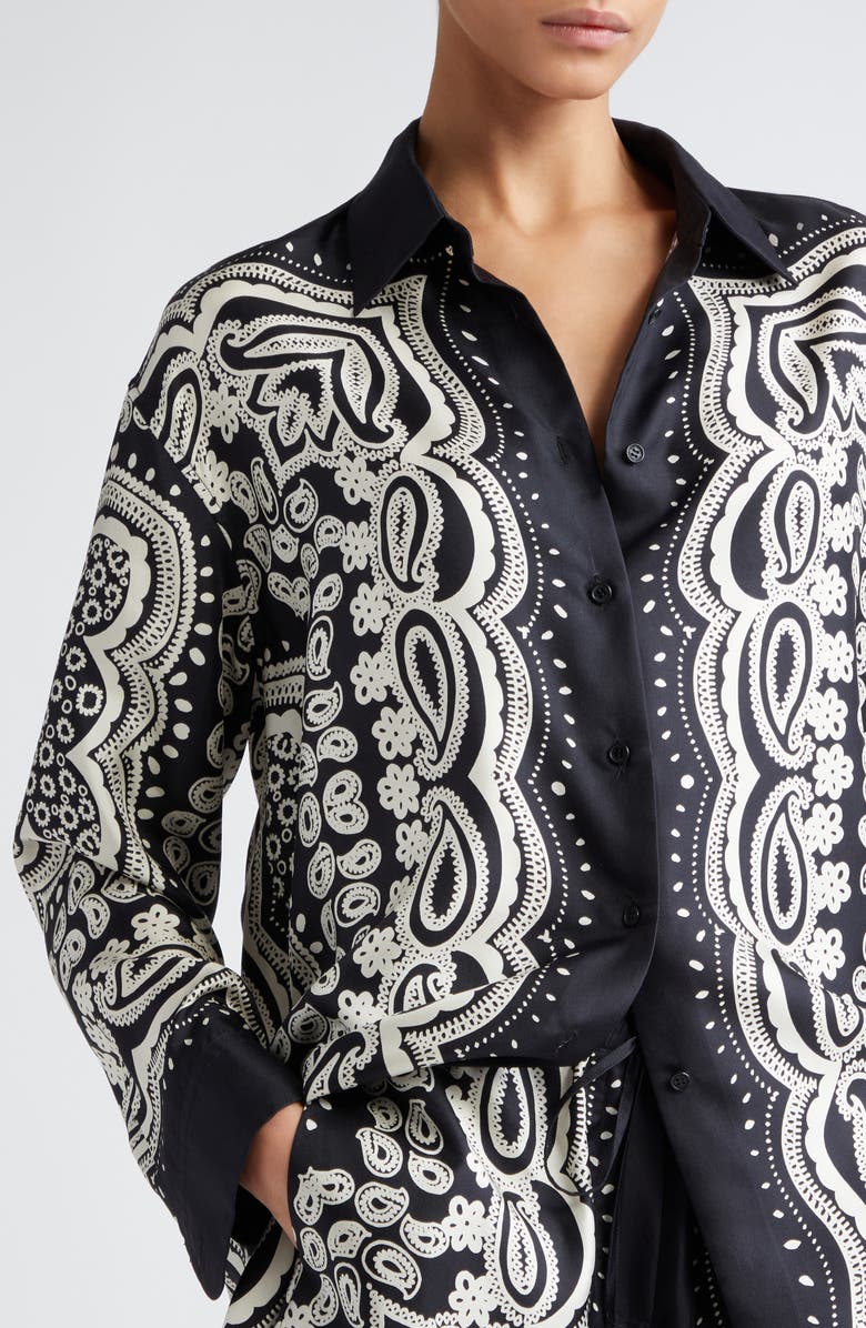 Nili Lotan Alfie Print Silk Shirt, Alternate, color, Black/ Ivory Bandana