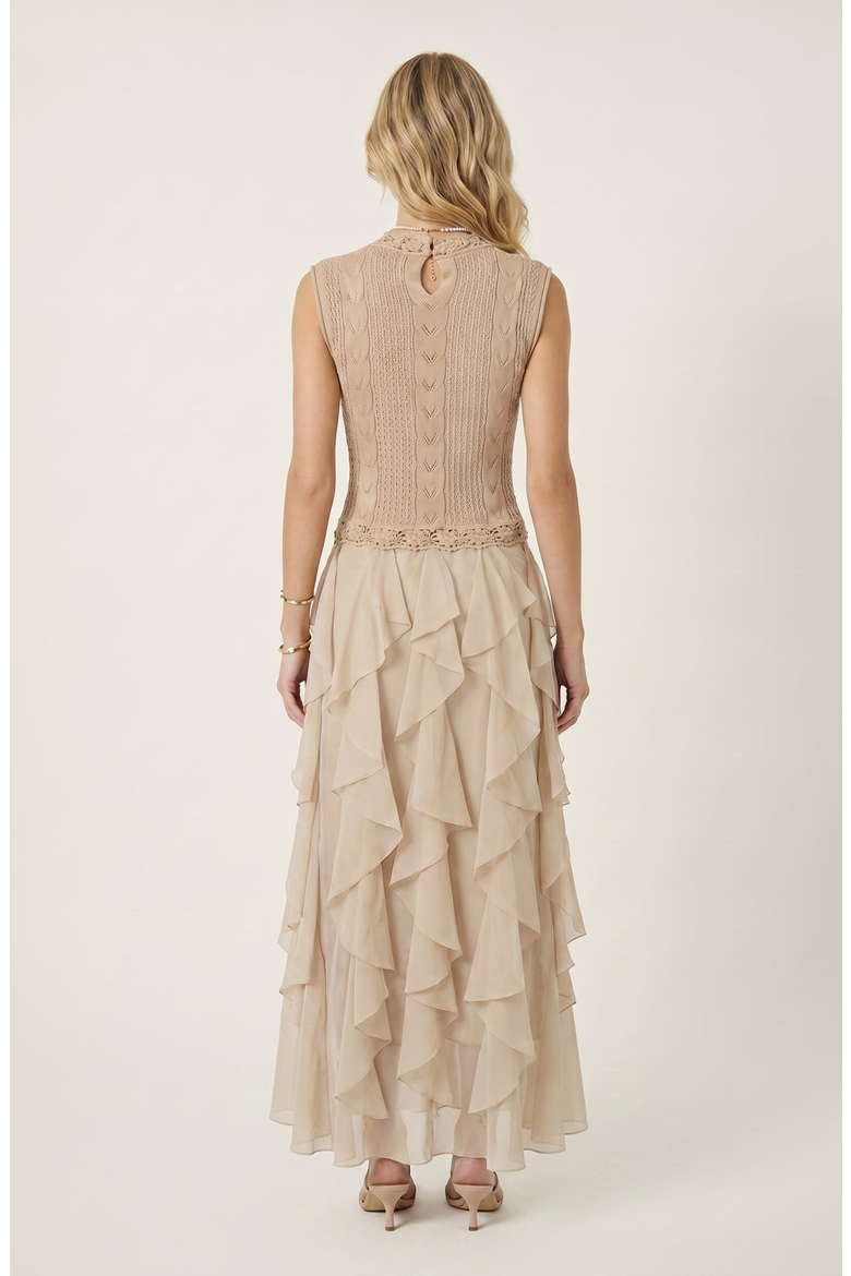 Sleeveless Knit Dress with Crochet Detail and Layered Chiffon Ruffle Skirt, Alternate, color, Tan