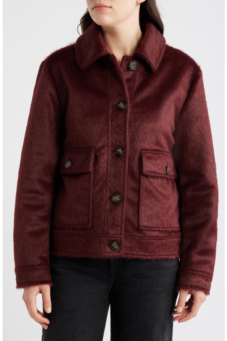 Faux Calf Hair Trucker Jacket, Alternate, color, BURGUNDY