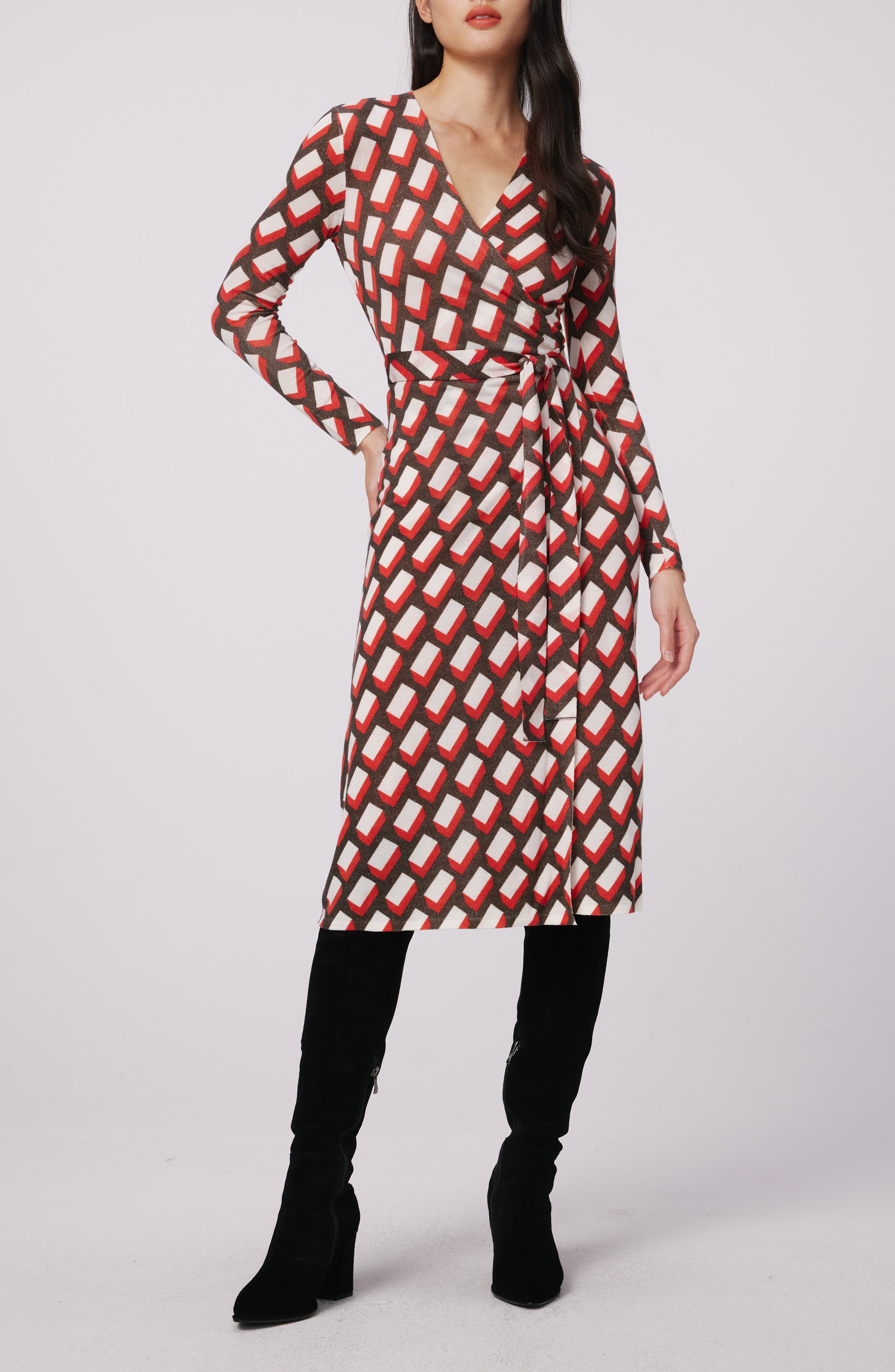 Luella Geo Print Long Sleeve Merino Wool Blend Wrap Dress