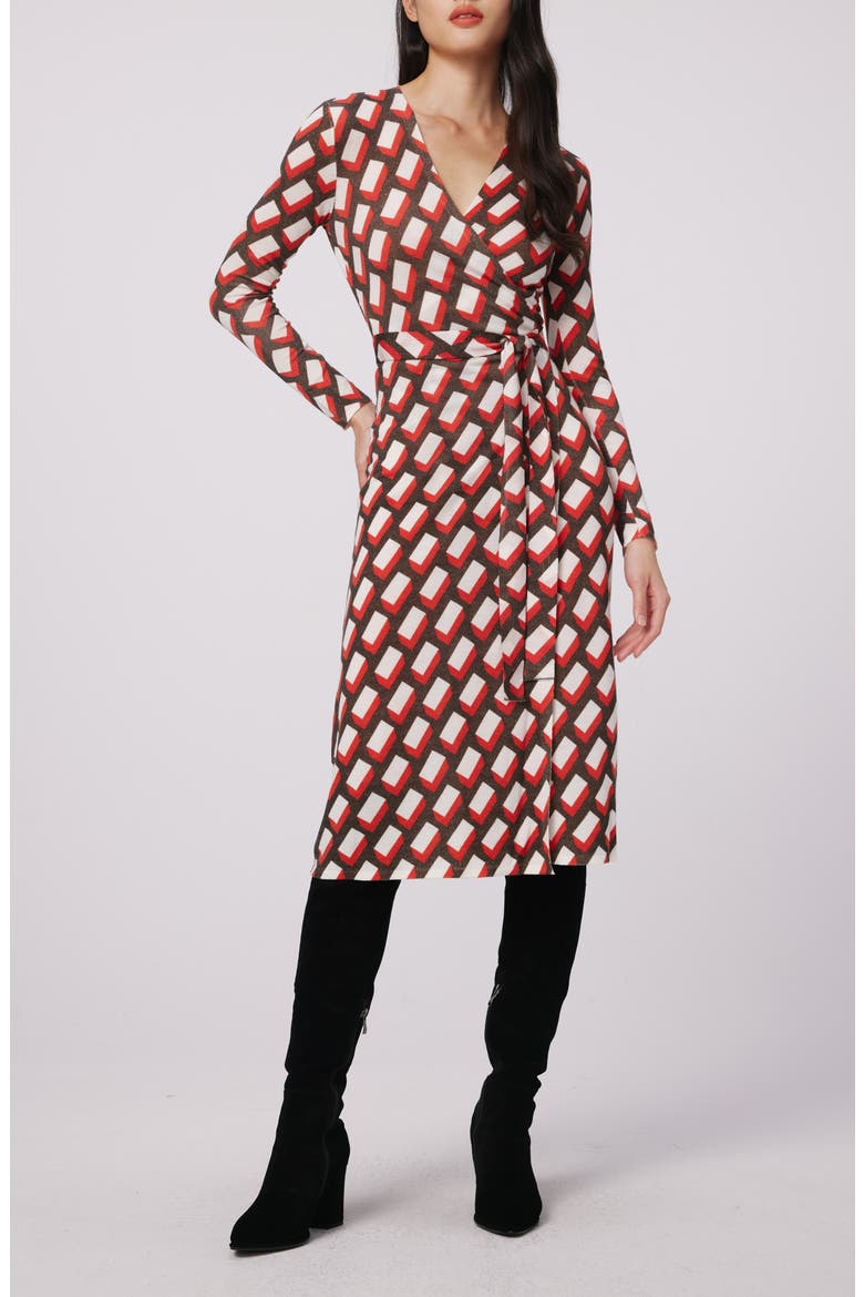 Luella Geo Print Long Sleeve Merino Wool Blend Wrap Dress, Main, color, BLOCKS RED MED