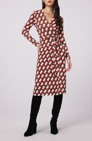 DVF Luella Geo Print Long Sleeve Merino Wool Blend Wrap Dress