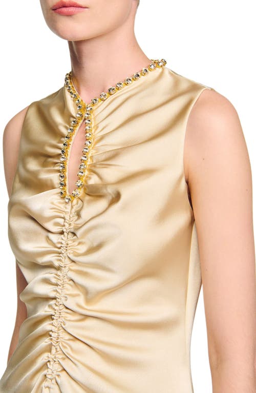 Sandro Womens Sand Rhinestone-embellished Ruched Satin Midi Dress
