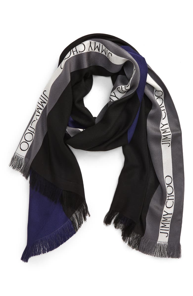 Jimmy Choo Colorblock Logo Silk Blend Scarf, Alternate, color, 
