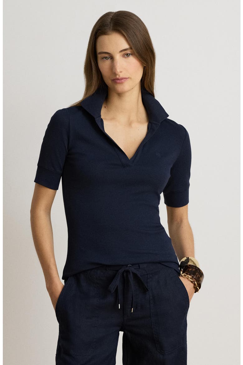 Adeena Stretch Cotton Blend Polo, Alternate, color, LAUREN NAVY BLUE