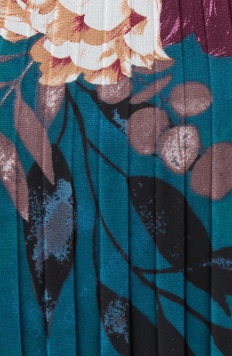 Tahari ASL Floral Print Pleated Sleeveless Asymmetric Midi Dress, Alternate, color, Ocean Teal