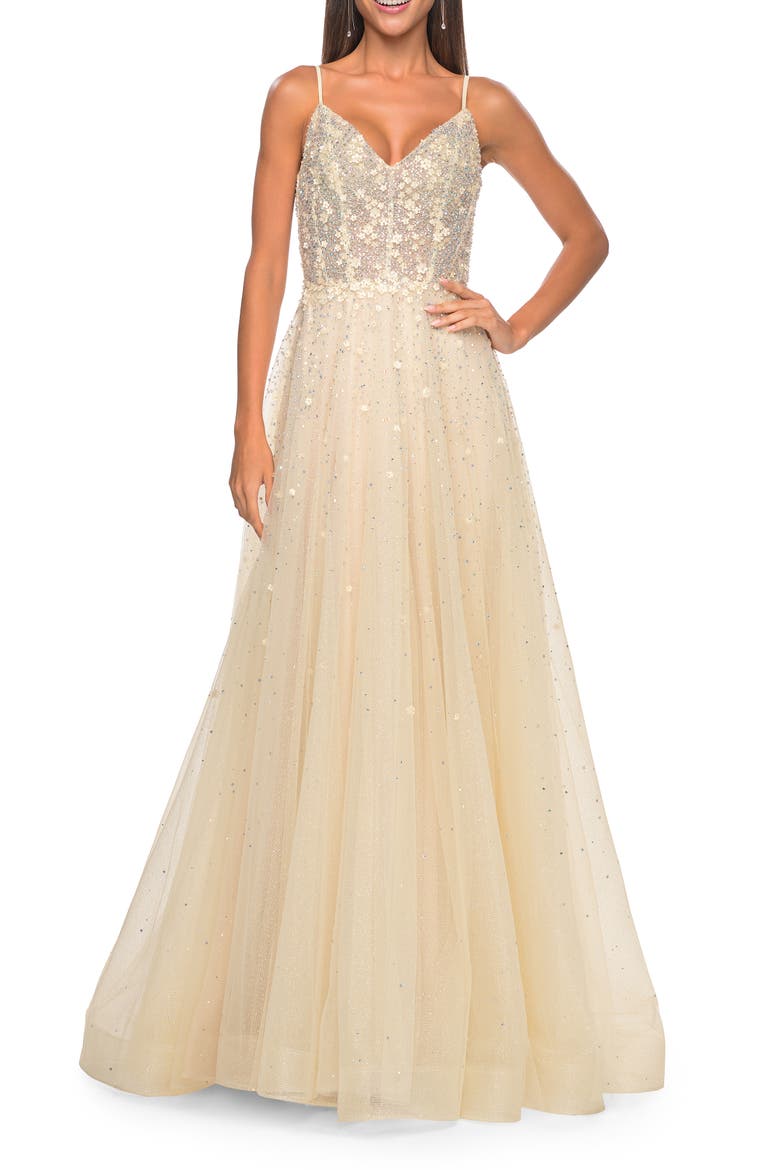 A-Line Tulle Gown with Unique Floral and Rhinestone Details, Main, color, Pale Yellow