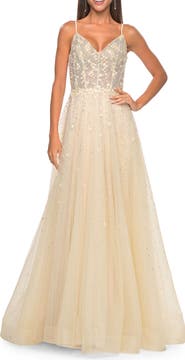 La Femme A-Line Tulle Gown with Unique Floral and Rhinestone Details