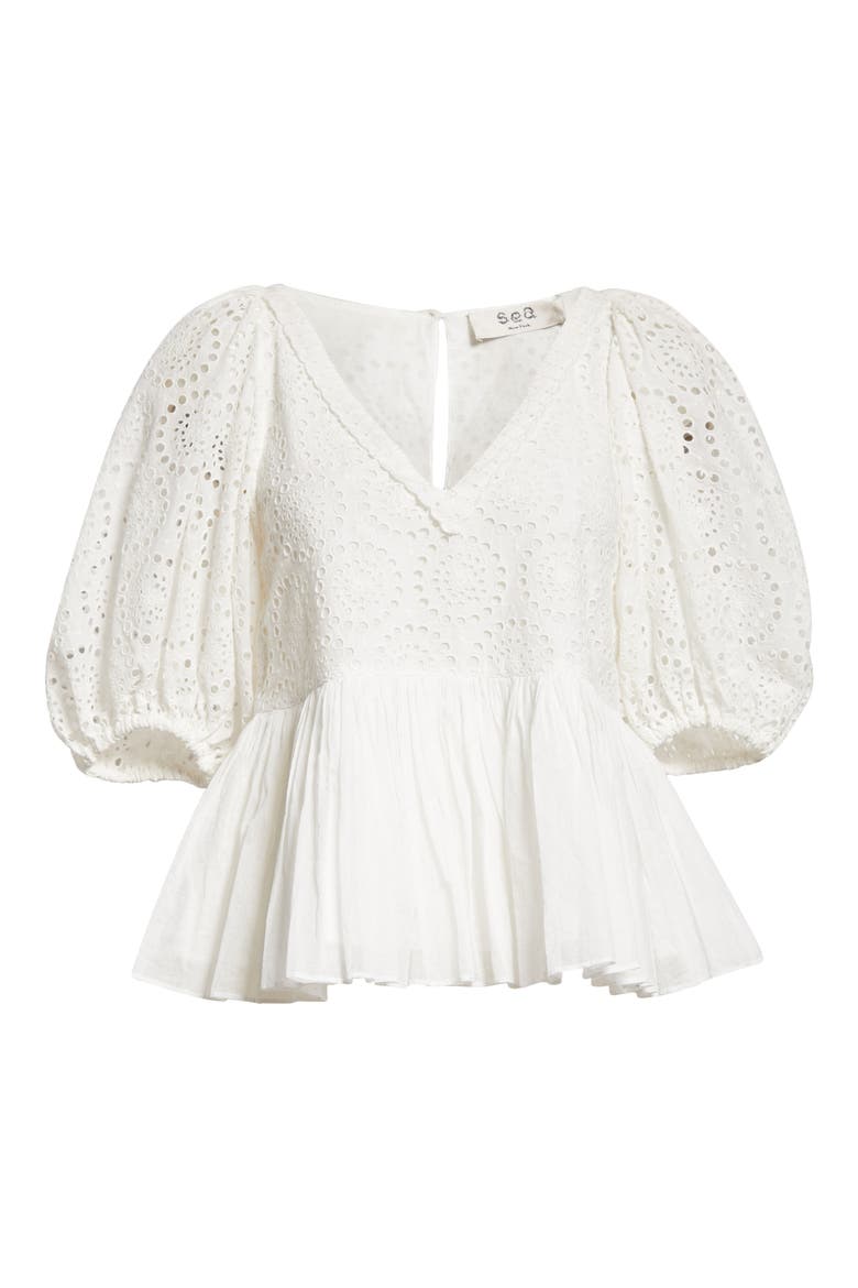 Maeve Eyelet Puff Sleeve Peplum Top, Alternate, color, WHITE