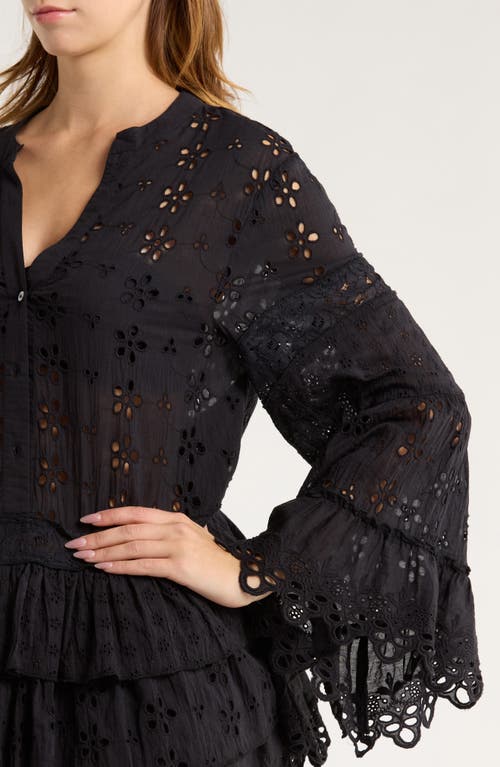 Ramy Brook Roxanne Long Sleeve Sheer Cotton Broderie Anglaise Cover-up Dress In Black