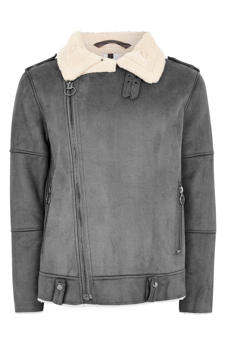 Topman Faux Shearling Biker Jacket, Alternate, color,