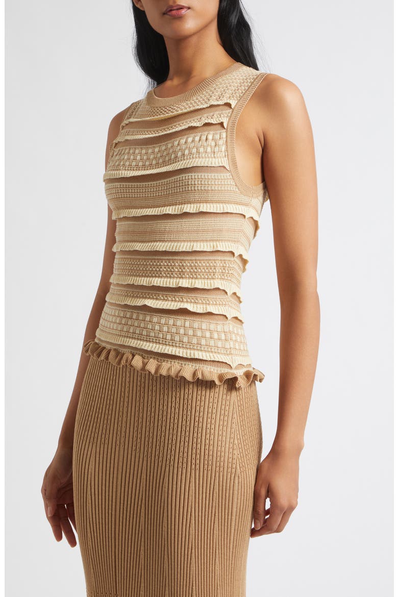 Annie Ruffle Sleeveless Midi Dress, Alternate, color, CAMEL/ IVORY COMBO