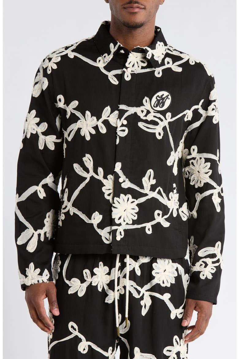 Floral Ribbon Cotton Blend Jacket, Alternate, color, BLACK