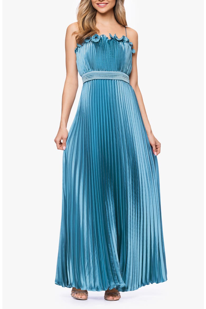 Ruffle Trim Pleated Gown, Main, color, DARK AQUA