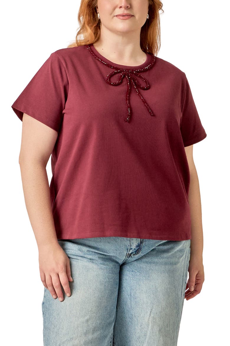 Beaded Bow Cotton T-Shirt, Alternate, color, BURGUNDY