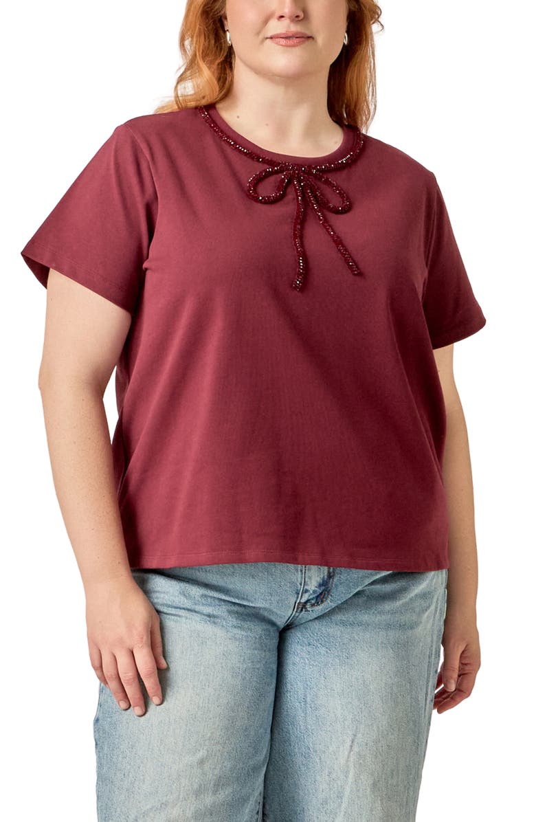 English Factory Beaded Bow Cotton T-Shirt, Alternate, color, Burgundy