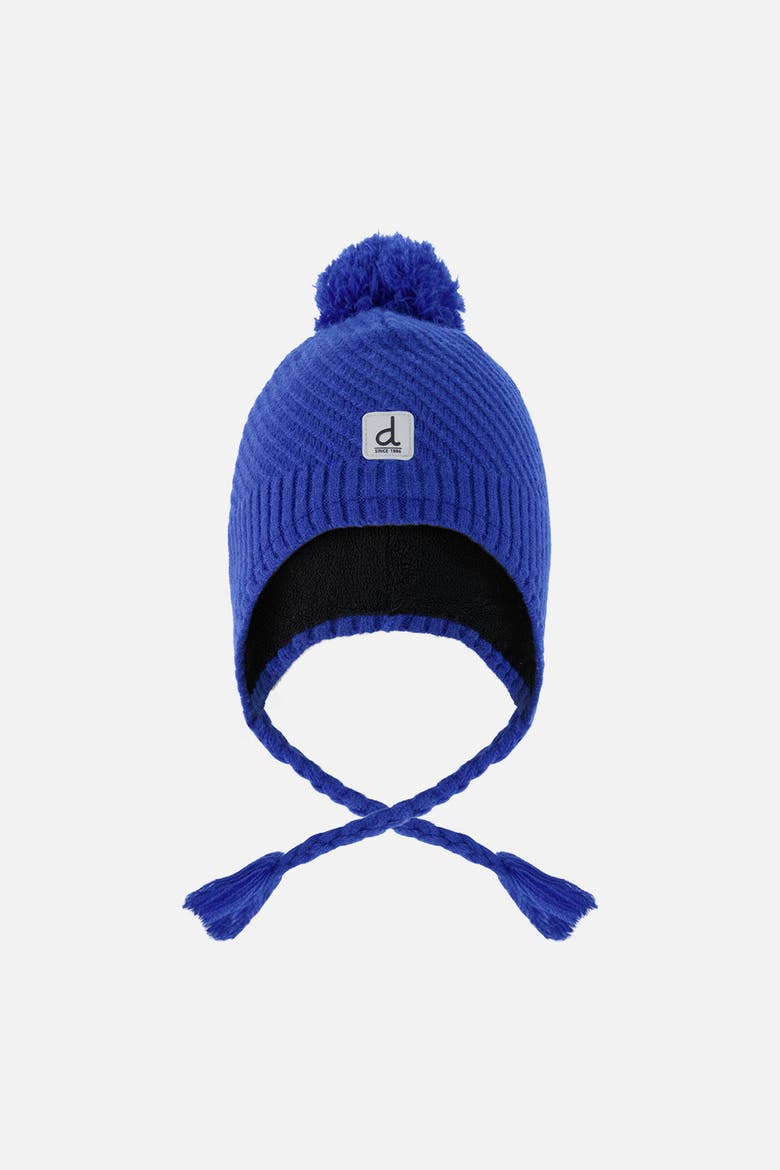 Boy Winter Peruvian Fleece Lined Ear Flap Knit Hat with Pompom, Main, color, Royal Blue