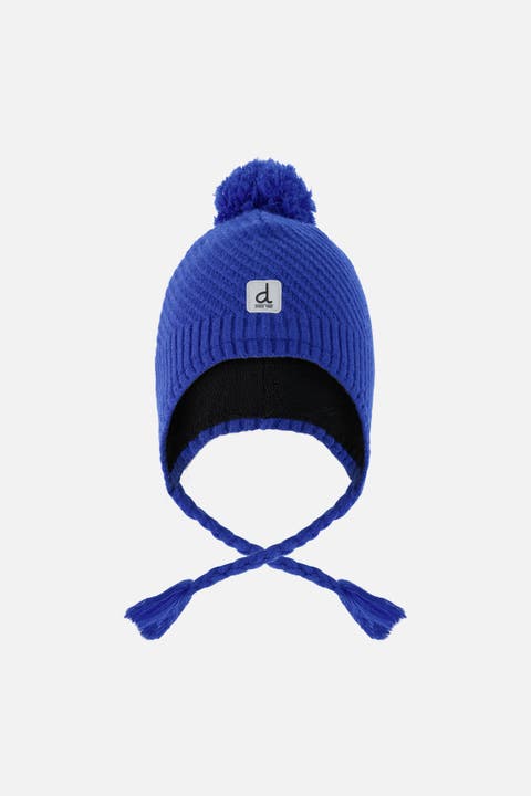 Boy Winter Peruvian Fleece Lined Ear Flap Knit Hat with Pompom