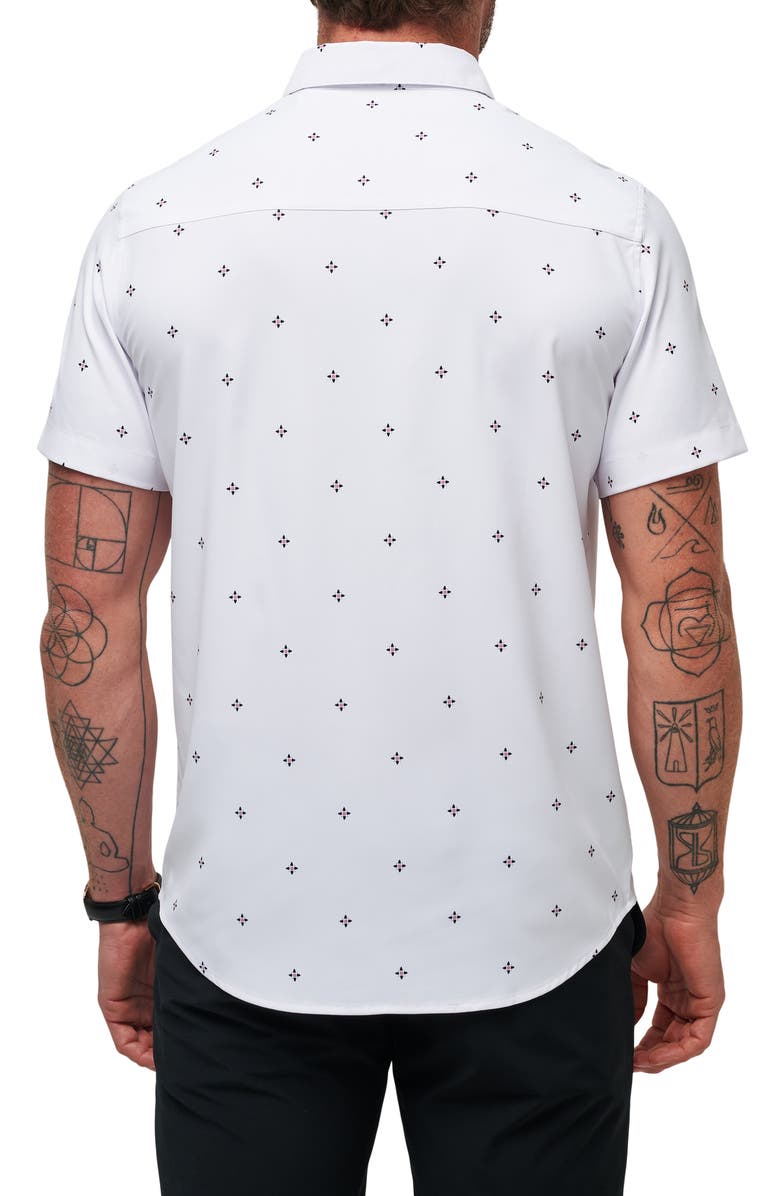 TravisMathew Olive Branch Geo Print Short Sleeve Button-Up Shirt, Alternate, color, White