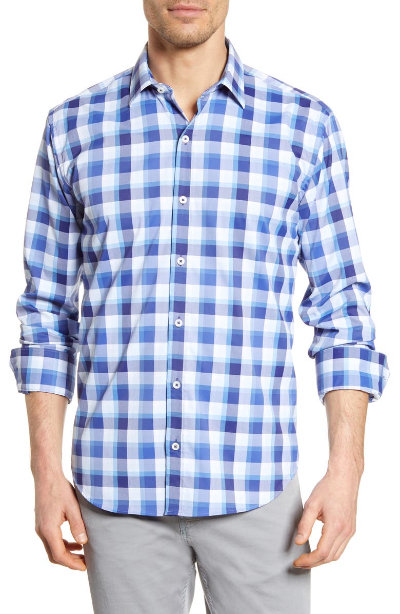 Bugatchi Shaped Fit Plaid Button-Up Performance Shirt, Main, color, 