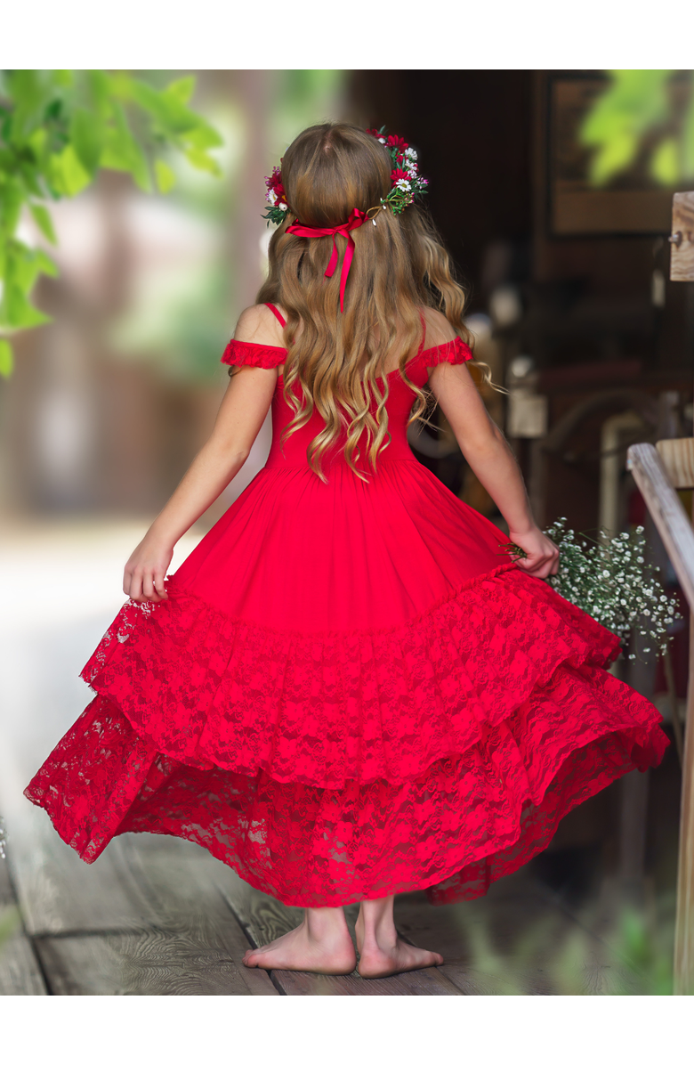 Mia Belle Girls Ruby Red Tiered Lace Ruffle Maxi Dress, Alternate, color, 