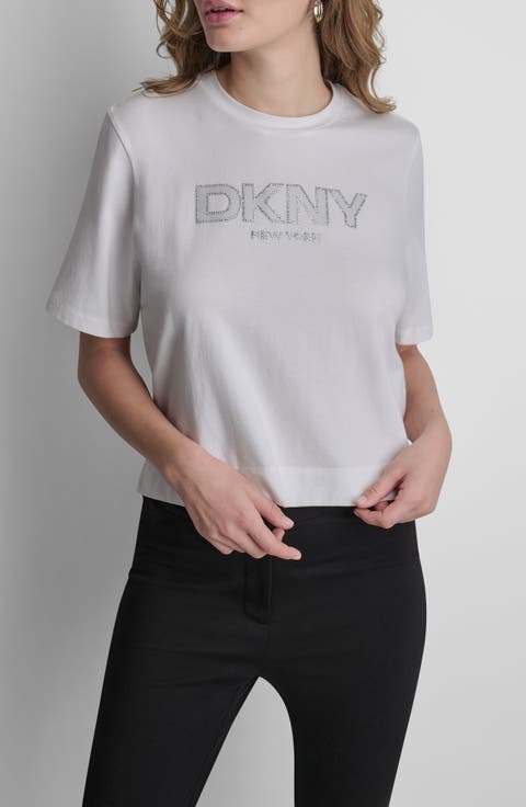 Rhinestone Border Logo Stretch Cotton Graphic T-Shirt