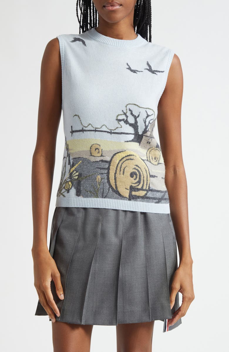 Thom Browne Seasonal Print Sleeveless Cashmere Sweater, Main, color, Light Blu