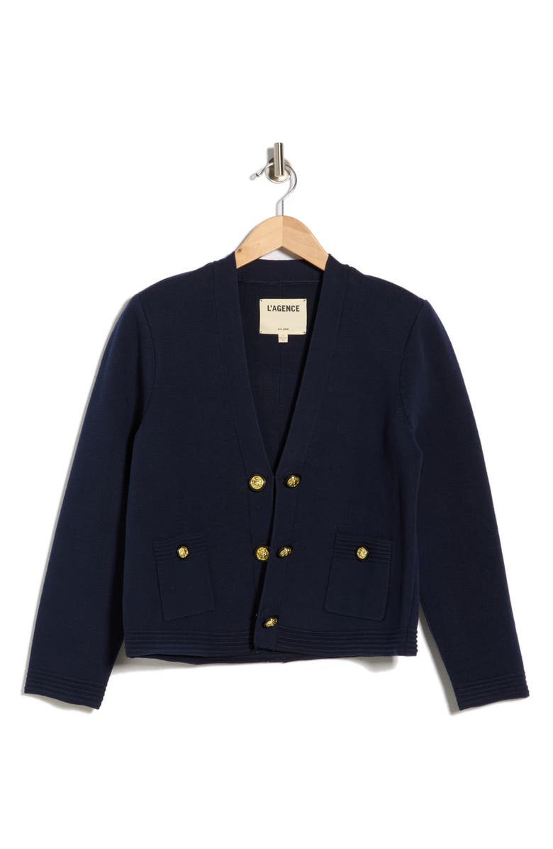 L'AGENCE Catie V-Neck Knit Blazer, Main, color, Midnight/ Gold