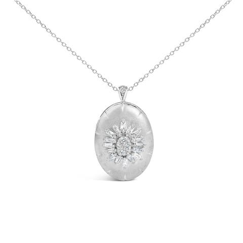 Sterling Silver 3/8 Cttw Diamond Puffed Oval Medallion Pendant Necklace