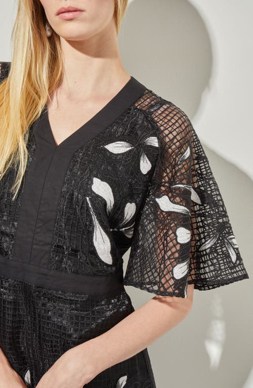 Ming Wang Floral Appliqué Open Lace A-line Dress In Black/white