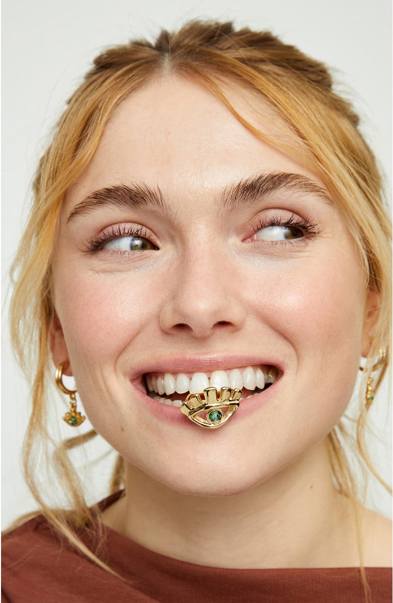 UNODE50 18K Gold-Plated Eye-Shaped Ring With Green Faceted Crystal, Alternate, color, Metallic Gold