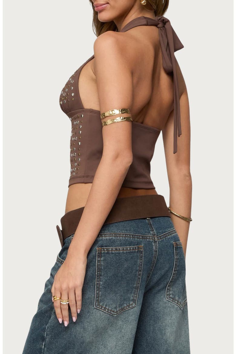 Jackie Studded Grommet Halter Top, Alternate, color, BROWN