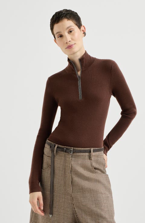 Virgin wool and cashmere lightweight ribbed turtleneck sweater with precious half zip