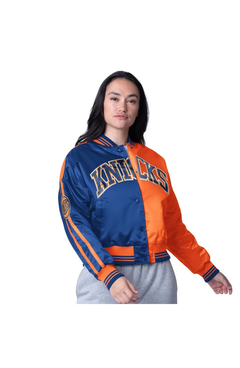 STARTER Women's Starter  Orange/Blue New York Knicks Zone Blitz Cropped Full-Snap Satin Jacket, Main, color, 