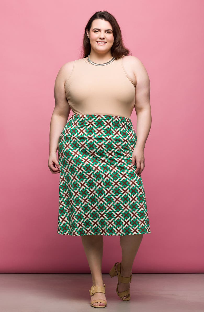 24seven Comfort Apparel Geo Print Elastic Waist Midi Skirt, Alternate, color, Green Multi