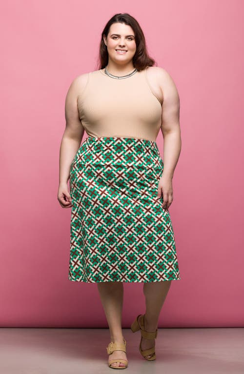 24seven Comfort Apparel Plus Size Print Comfortable Elastic Waist Knee Length Skirt In Green Multi