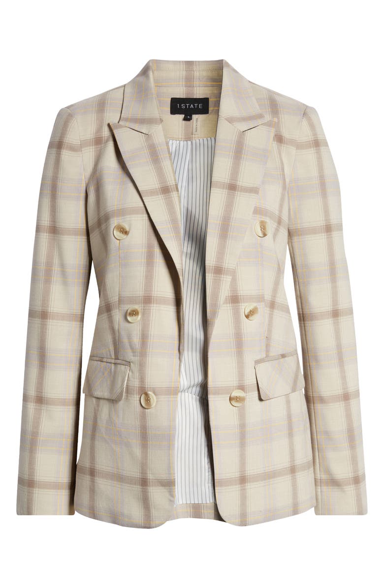 1.STATE Ruched Sleeve Plaid Double Breasted Blazer, Alternate, color,