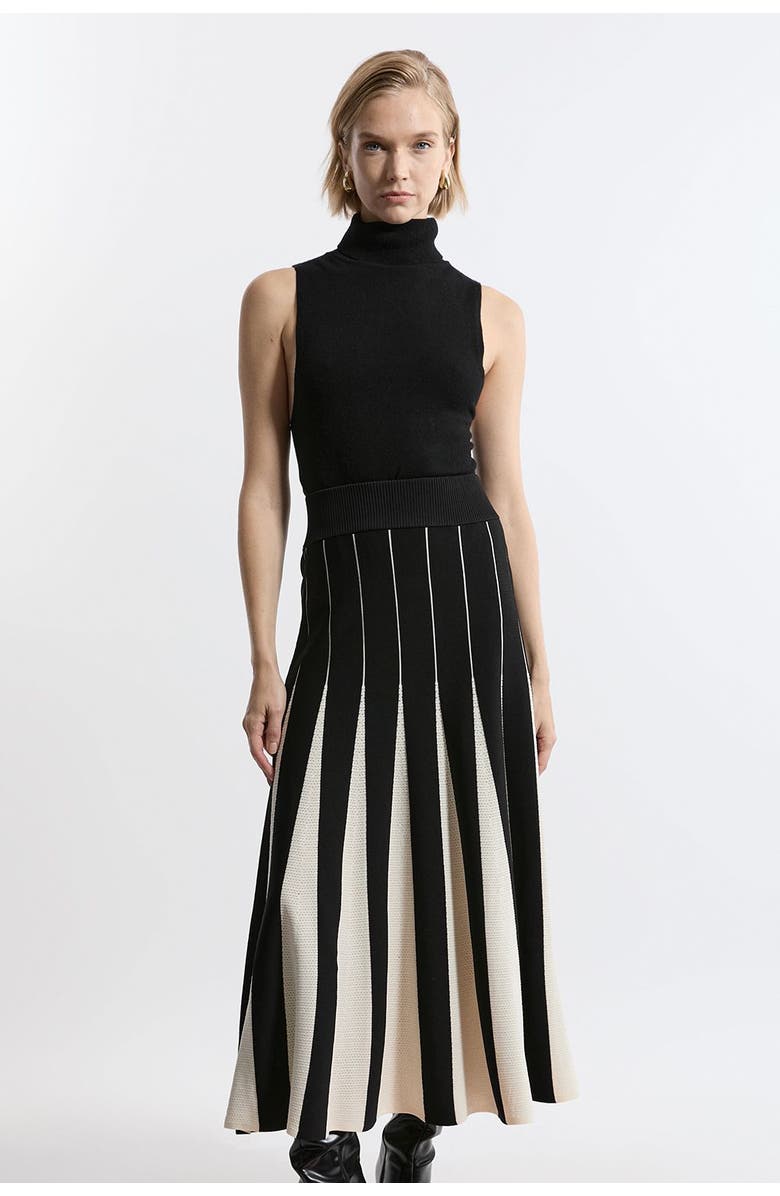 Karen Millen Pointelle Colour Block Pleated Skirt, Alternate, color, Mono