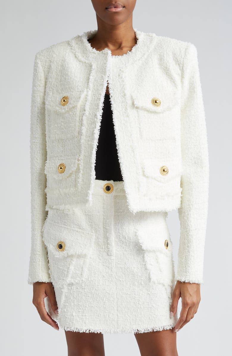 Balmain Four-Pocket Open Front Tweed Jacket, Main, color, 