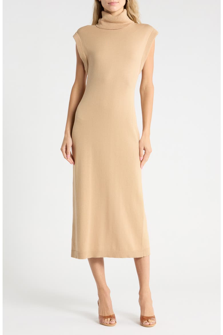 Sleeveless Cotton & Cashmere Turtleneck Midi Dress, Main, color, LIGHT CAMEL