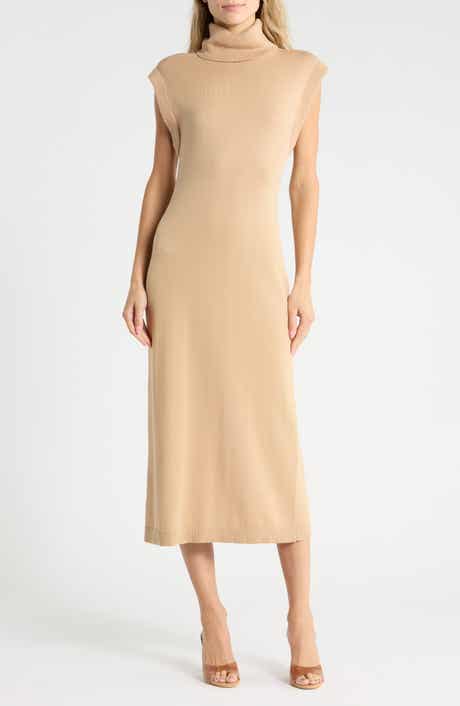 Sleeveless Cotton & Cashmere Turtleneck Midi Dress