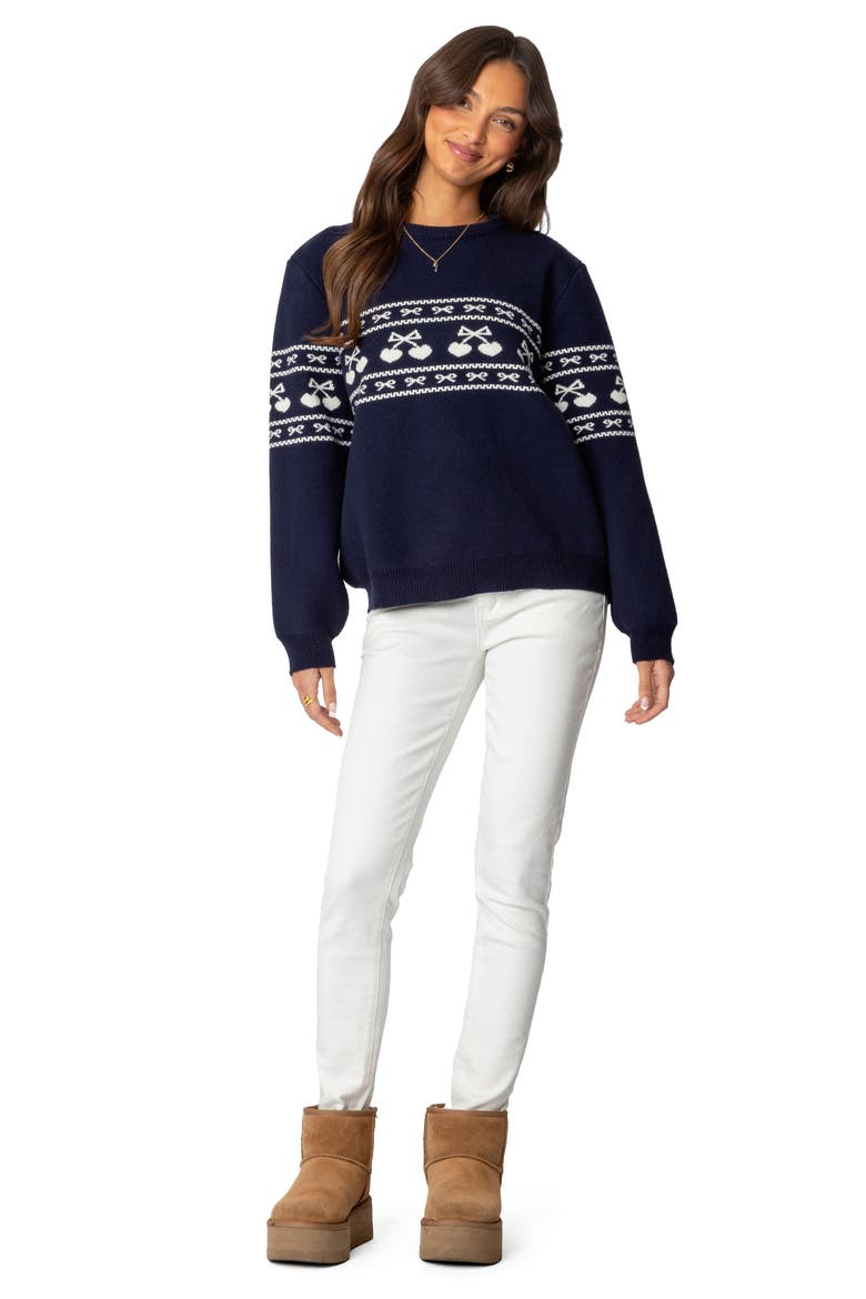 Holiday Cheer Hearts & Bows Fair Isle Crewneck Sweater, Alternate, color, NAVY