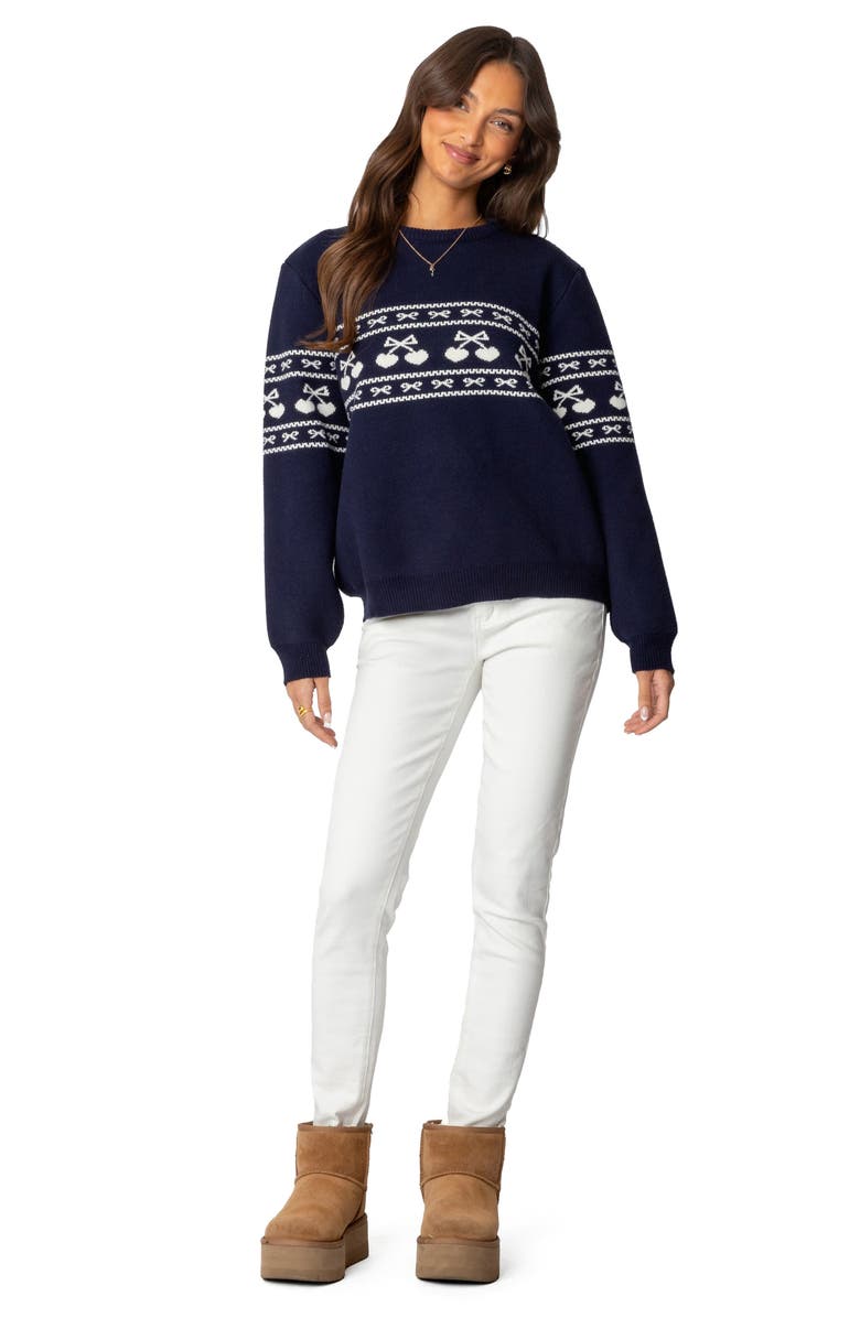 EDIKTED Holiday Cheer Hearts & Bows Fair Isle Crewneck Sweater, Alternate, color, Navy