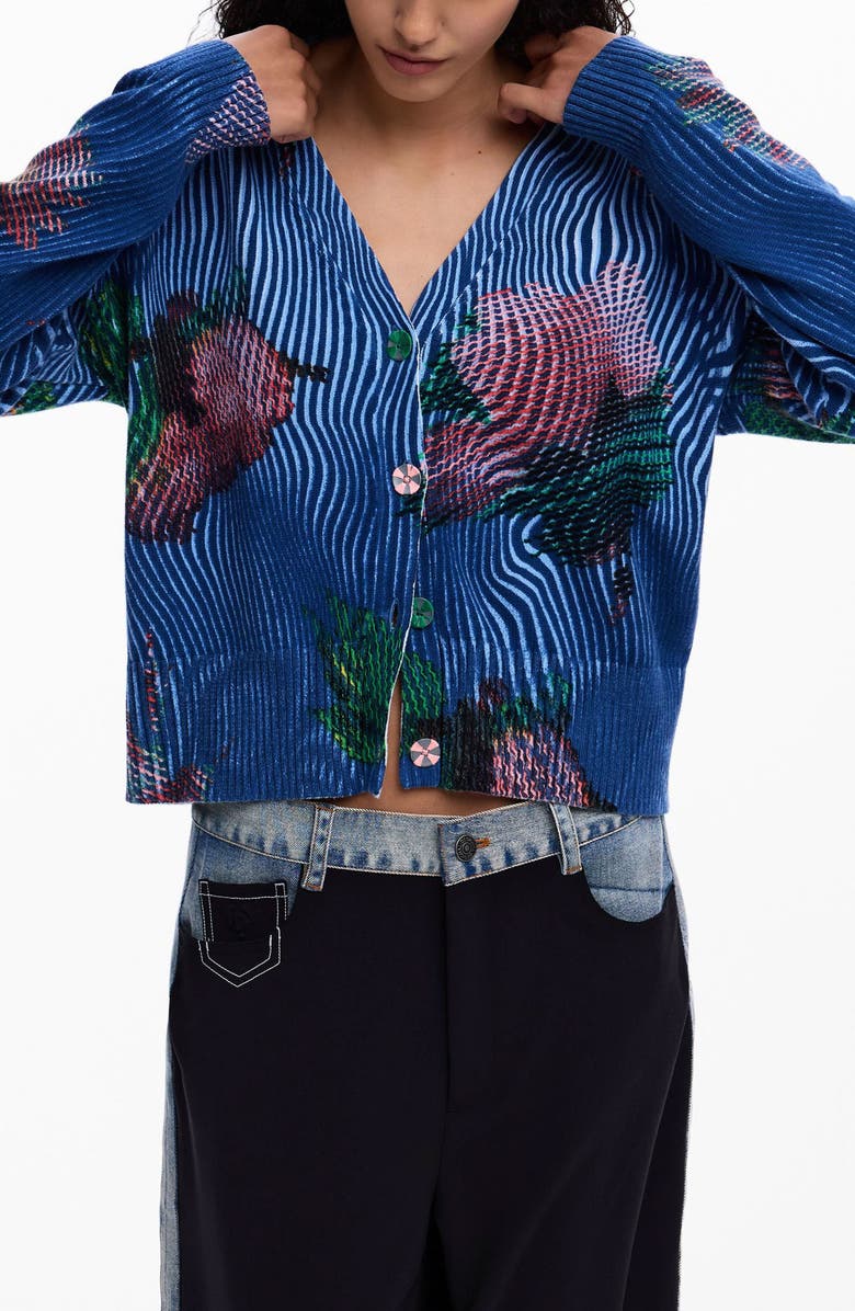 Desigual Floral V-Neck Cardigan, Main, color, Blue