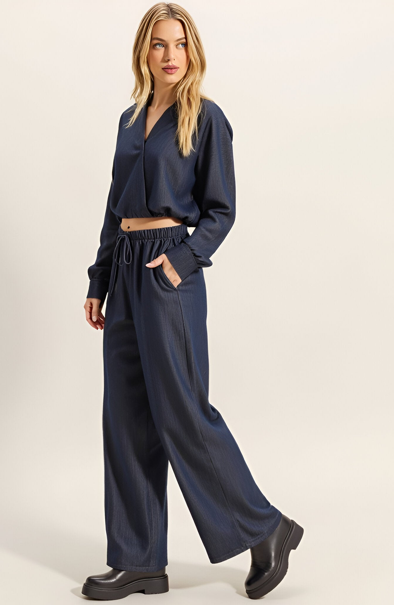 Modenaire Relaxed Drawstring Wide-Leg Collared Lounge Set, Alternate, color, Dark Blue