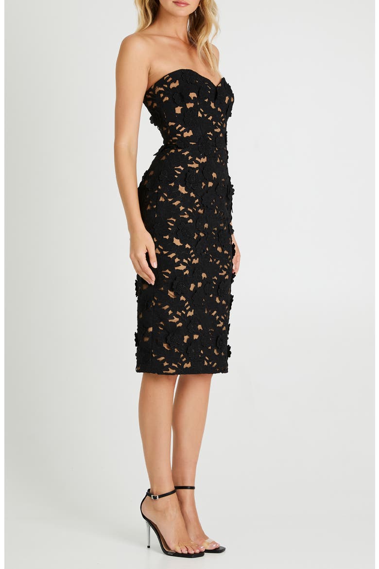 Lina Embroidered Floral Appliqué Strapless Cocktail Sheath Dress, Alternate, color, BLACK/ NUDE